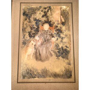 Antique Portrait Painting Matted Artwork nun sister dog religious
